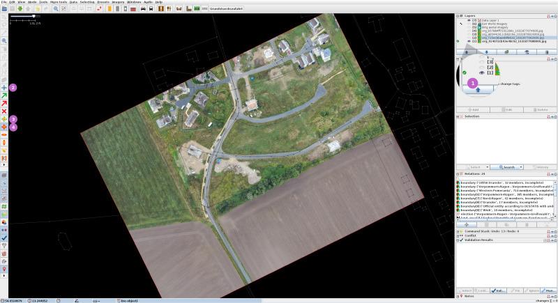 Wireframe View der OSM-Daten und das Foto als Hintergrund inkl. Anmerkungen