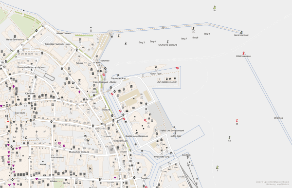 Karte des Stralsunder Hafens mit map-machine gerendert, auf OpenStreetMap basierend